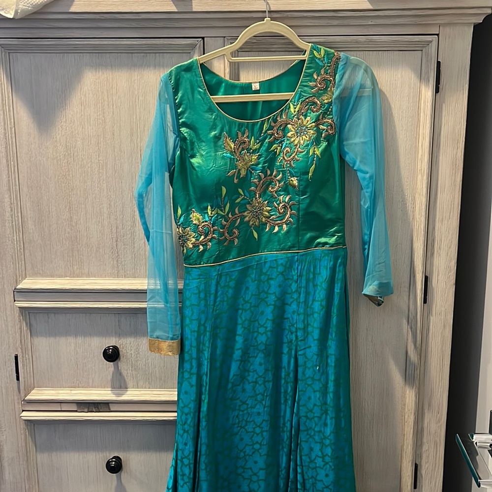 Indian Pakistani Aqua blue and green long dress with pants and duppta